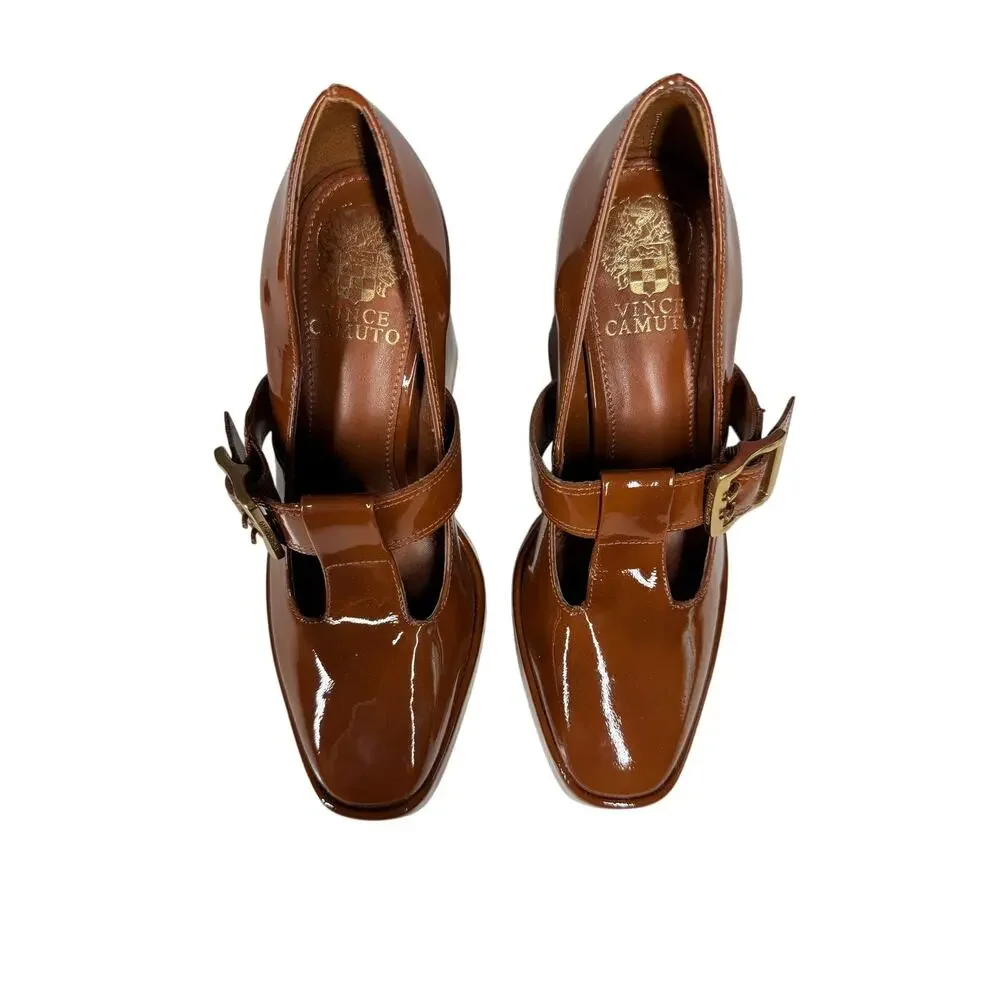 VINCE CAMUTO Marocean Platform Mary Jane Pump 6 Caramel Patent Leather Bratz